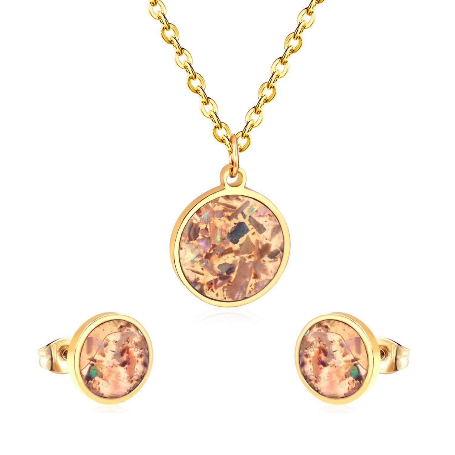 ASON Round Wedding Shell Carbon Fiber Jewelry Sets Pendant Necklace & Small Stud Earrings 316L Stainless Steel for Women asonjewelry